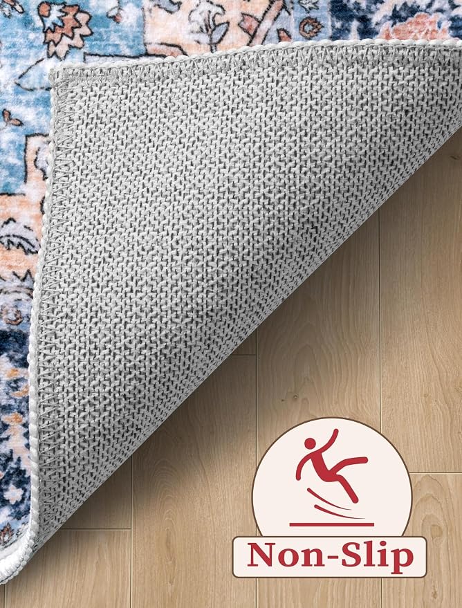 SERISSA 3x8 Washable Non Slip Boho Runner Rug for Hallway，Blue Orange | Ultra Soft Vintage Oriental Carpet Low-Pile Tribal Floor Carpet for Stair Kitchen Bedroom Bathroom Laundry Room