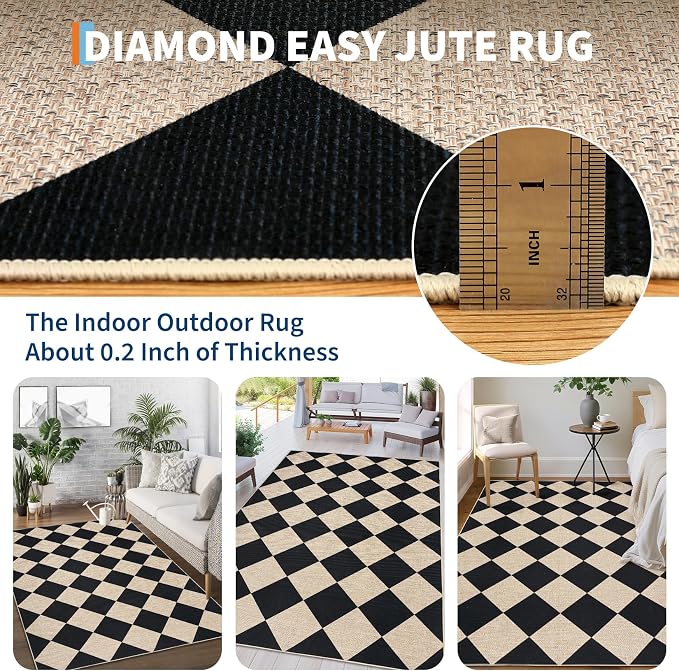 GarveeHome Checkered Easy Jute 5x7 Area Rugs for Living Room Black | Machine Washable Non-Slip Backing Stain Resistant Modern Indoor Outdoor Rugs for Farmhouse Dining Room Patio