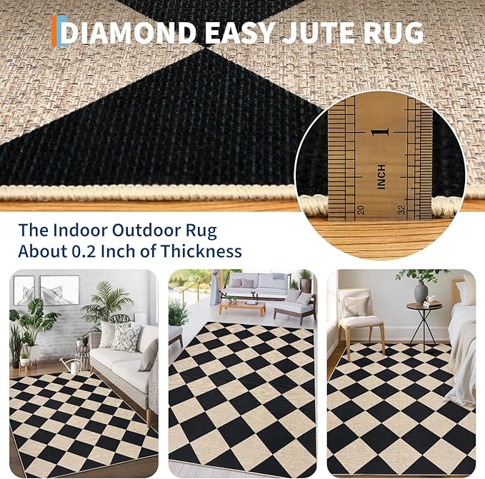GarveeHome 9x12 Checkered Easy Jute Rugs for Bedroom Machine Washable Black | Large Rugs Non-Slip Backing Modern Neutral Stain Resistance Carpets for Farmhouse Patio Dining Room Backyard