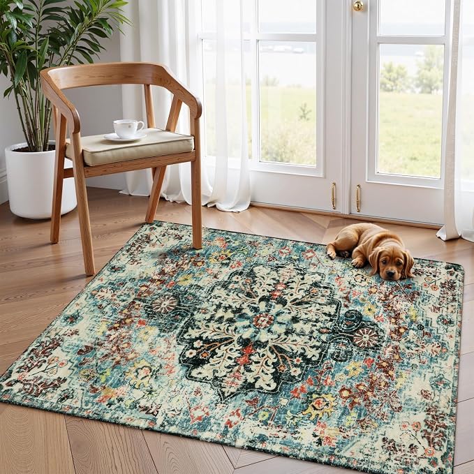 Lahome Reine Bohemian Floral Medallion Area Rug - 4x6 Teal Soft Bedroom Rug Washable Entryway Mat, Non Slip Pet Friendly Indoor Floor Accent Carpet for Bathroom Mudroom Basement Studio