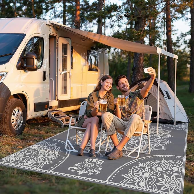 Pauwer Waterproof Outdoor Rug 8x10, Reversible Plastic Straw Patio Camping Rug, Indoor Outdoor RV Mat Carpet for Deck, Camper, Porch, Balcony, Backyard, Picnic, Floral Grey