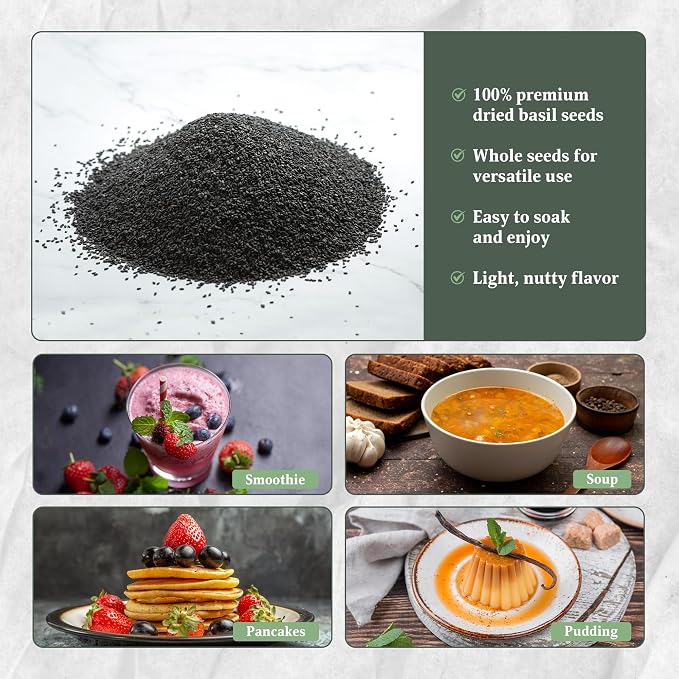 Dried Basil Seeds 8 oz – Sabja/Tukmaria Basil Seeds For Eating – Sweet Basil Seeds for Drinks, Desserts & Daily Use – By Yogi’s Gift®