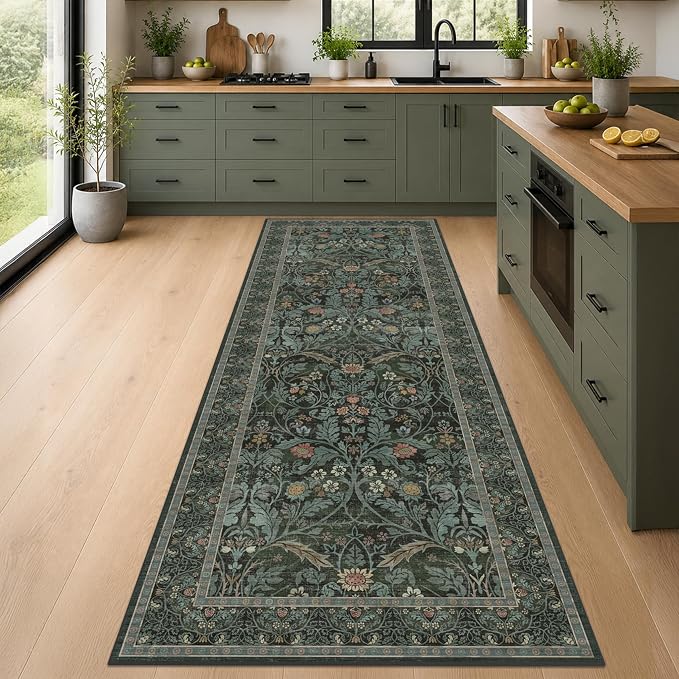 Washable 2'6"x8' Entryway Runner Rugs Non Skid, 8ft Long Hallway Runner Rug, Non Slip Wide Carpet Runners for Kitchen, Bathroom, Dark Green Low Pile Soft Vintage Dark Floral Floor Decor (Dusty Teal)