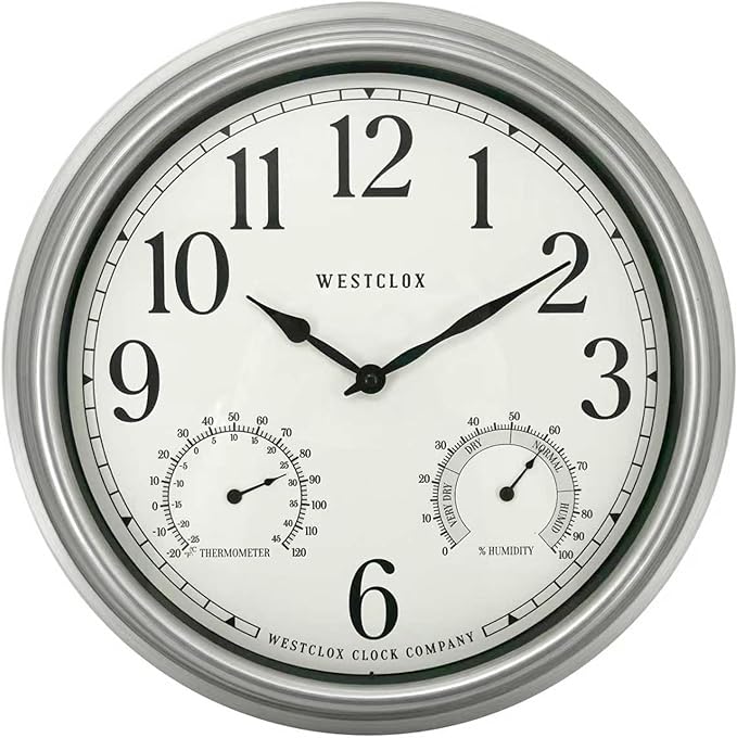 Westclox 15.75” Outdoor Wall Clock with Temperature & Humidity Display, Weather Resistant, Silver Finish, Glass Lens, Battery Operated