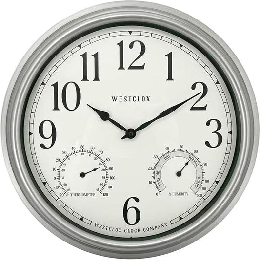 Westclox 15.75” Outdoor Wall Clock with Temperature & Humidity Display, Weather Resistant, Silver Finish, Glass Lens, Battery Operated