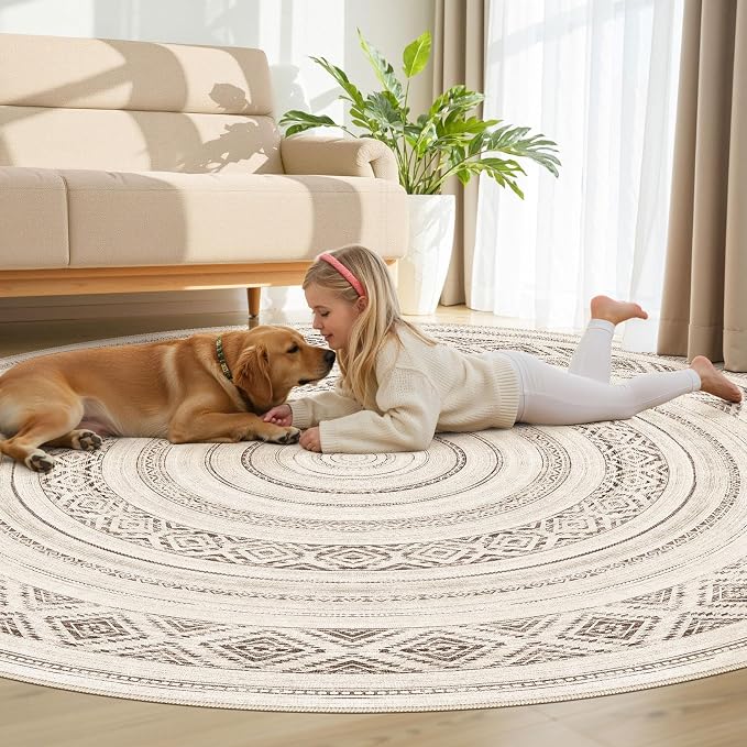 cotiled 8x8 Round Rug 8ft Circle Living Room Boho Area Rugs | Solve Modern Neutral Trendy Home Decor - Washable Foldable Indoor Carpet for Bedroom Home Office Dark Brown