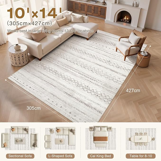 cotiled Boho 10x14 Area Rug for Living Room: Large Moroccan Washable Rug | Solve Modern Neutral Trendy Home Decor - Stain Resistan Carpet for Bedroom Farmhouse Brown