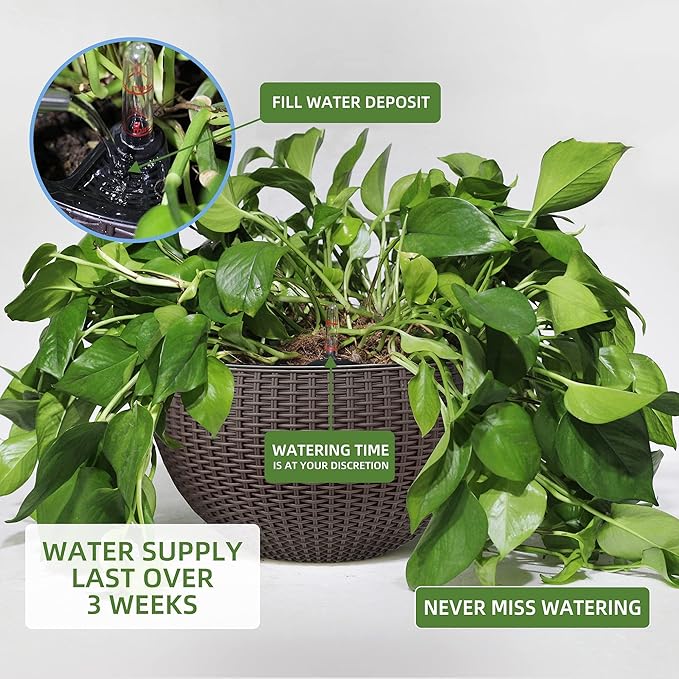 Dexceder 10.5 Inch Self Watering Hanging Planter (Brown) | Thickened Large Hanging Basket Flower Plant Pot with Water Level Indicator Indoor Outdoor