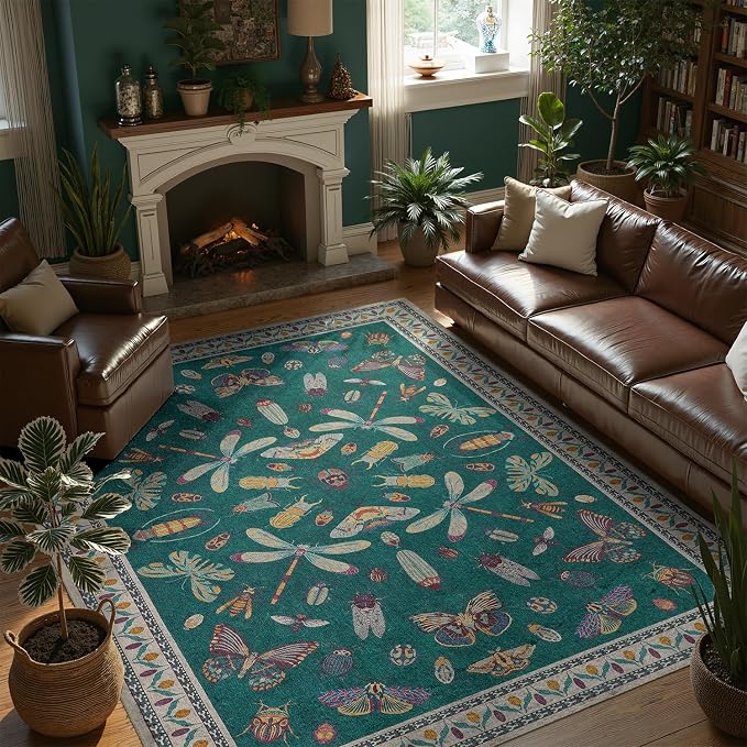 DCX 5x7 Washable Bug Rug for Living Room, Soft Low Pile Rug, Deep Teal | Easy to clean, non-shedding, soft, kid & pet friendly, with a non-slip rubber backing for bedrooms, and nature-themed decor