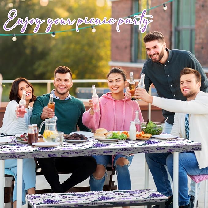 Boao 3 Pcs Vinyl Picnic Table Cover with Bench Cover 6 ft 30 x 72 Inch Waterproof Fitted Tablecloth Flannel Backing Rectangular Elastic Edged for Camping Outdoor Patio Travel(Lavender)