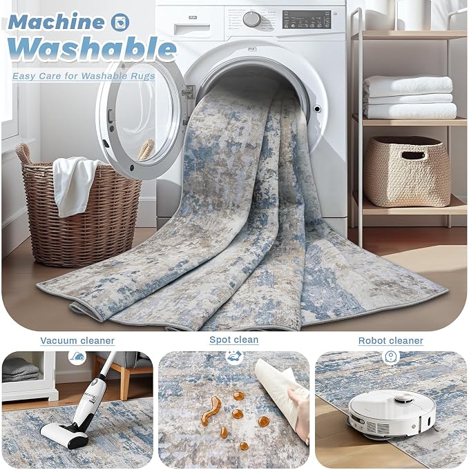 pmtsns Area Rugs 9x12 for Living Room: Washable Rug Modern Abstract Neutral Soft Non-Slip Low-Pile Indoor Large Carpet for Bedroom Dining Room Playroom Home Office (Light Blue Brown, 9'x12')