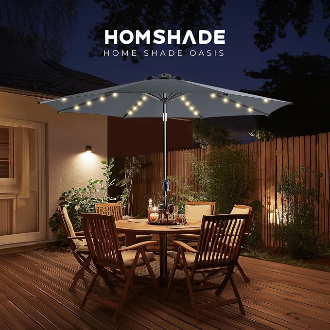 HOMSHADE 9ft Solar Patio Umbrella - Solar Lights LED Lighted Outdoor Market Table Umbrella, UPF50+ UV Protection with Push Button Tilt, Crank for Pool Deck and Garden (Dark Grey)