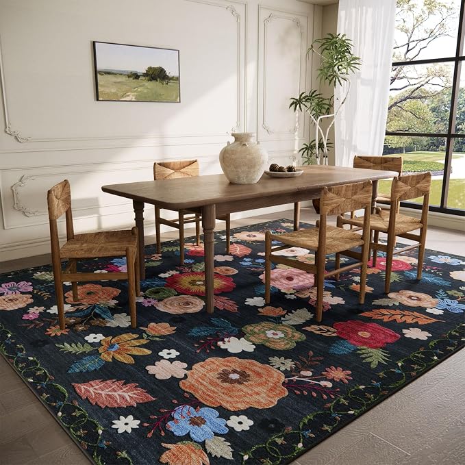 8x10 Area Rugs for Living Room: Washable Rug Non Slip Low Pile Soft Faux Wool Non Shedding Vintage Floral Large Carpet for Bedroom Dining Room Kitchen Nursery Under Table Home Office Farmhouse Indoor