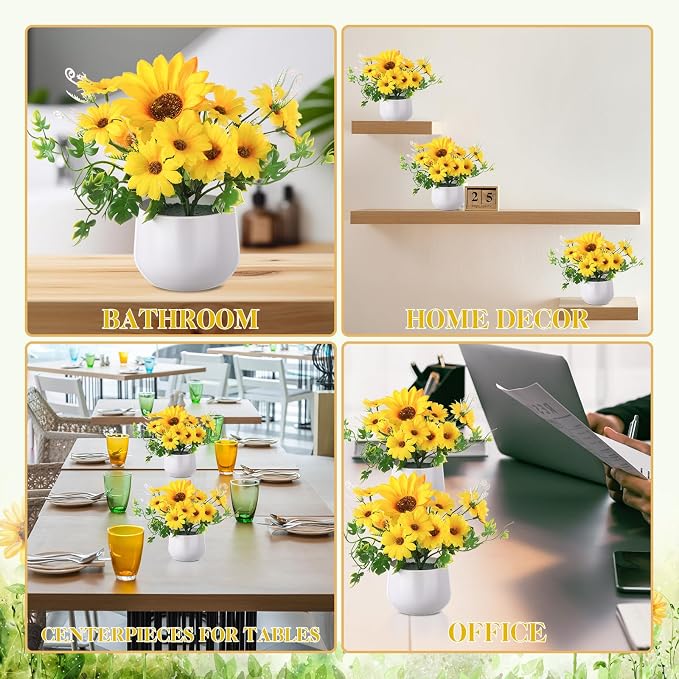 Zeyune 8 Pcs Sunflower Potted Plants Rustic Summer Spring Kitchen Wedding Table Centerpieces Silk Yellow Fake Flower with Plastic Pot for Home Bathroom Office (Stylish,Sunflower)