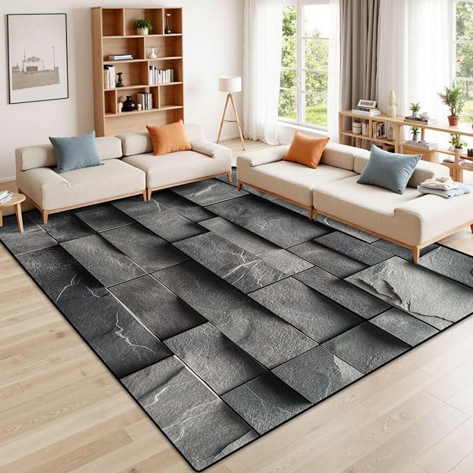 9x12 Area Rugs for Living Room Stone Tiles Layered Blocks Rectangular Forms Subtle Cracks Matte Washable Large Area Rug for Bedroom Non Slip Outdoor Carpets Soft Mats Kitchen Home Office Decor