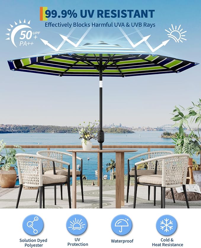 GarveeLife 9 ft Patio Umbrella, Outdoor Table Market Umbrella with Push Button Tilt and Crank, 8 Sturdy Ribs UV Protection Waterproof for Garden, Deck, Backyard, Pool (Yellow-blue-purple striped)