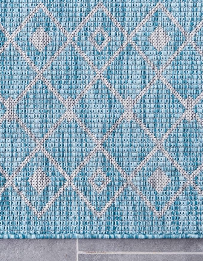 Unique Loom Outdoor Trellis Collection Area Rug - Tribal Trellis (13' Square, Aqua/ Ivory)
