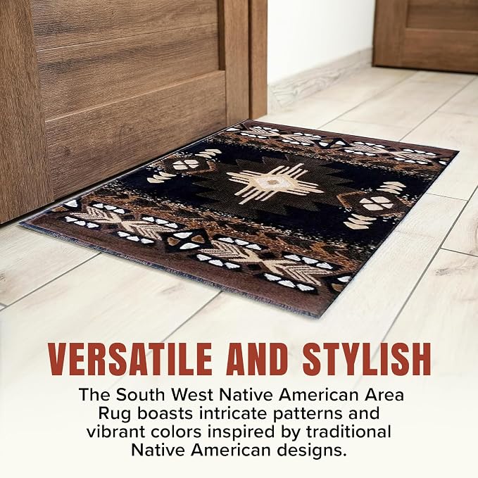 YHSF South West Native American Area Rug C318 - Easy Clean, Thick, Soft, Durable Native Tribal American Indian Inspired Rug for Bedroom/Living Room and More - Black, 3 Feet x 4 Feet 7 Inches