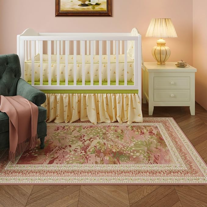 Rugcomf 4x6 Rug for Bedroom Impressionist-Style Vintage Washable Rugs Non Slip Low Pile Small Carpet for Bedside Kids Room Office Dining Room, Pink