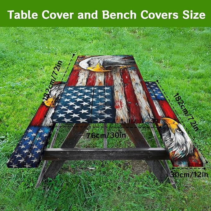 American Flag Picnic Table Cover with Bench Covers and Carrying Bag, Wood Grain USA Flag Art Eagle Outdoor Camping Essentials 6FT 4PCS Fitted Rectangle RV Must Haves Tablecloth