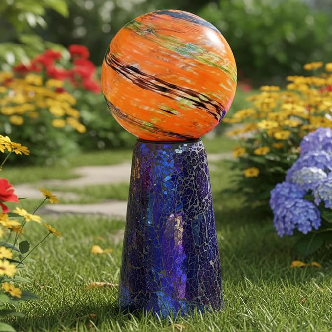 Sunnydaze Glass Gazing Ball Stand for Outdoors, Iridescent Purple | Outdoor Mosaic Sphere Holder & Pedestal for Backyard or Patio Decoration, 11" Tall Gazing Globe Stand, Fits 10-12 in Balls