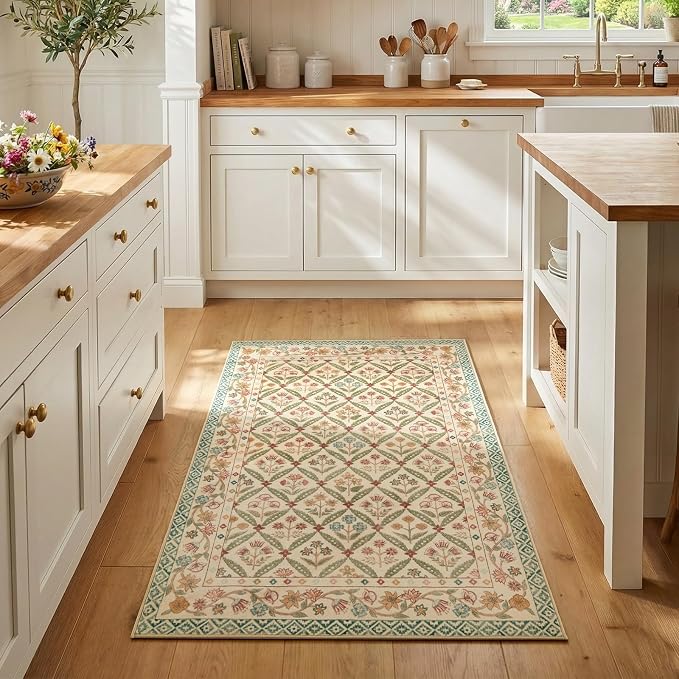 jinchan Vintage Floral 3x5 Washable Entryway Accent Area Rug, Teal Blue | Soft & Lightweight, Checkered Floral, Low Pile, Non Slip, Entrance, Kitchen, Bedside, Girls Dorm, Cottage Decor