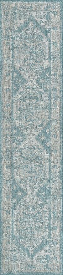 Unique Loom Outdoor Traditional Collection Area Rug - Valeria (2' 7" x 12' Runner, Aqua/ Ivory)