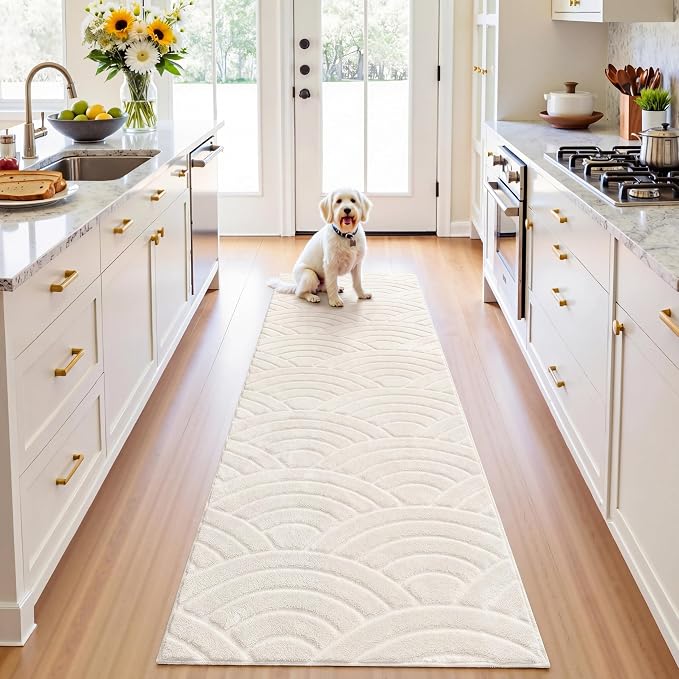 SHACOS Soft Fluffy Arch Waves Runner Rug for Bedroom, 2'x6' Cream | High-Low Textured Non Slip Washable Minimalist Modern Graphic Rainbow Carpet for Hallyway