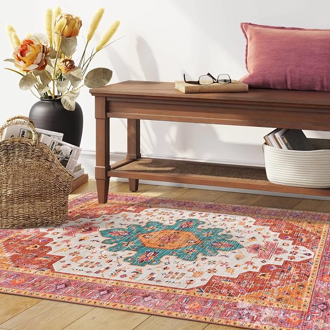 Moynesa Ultra-Thin Washable Vintage Area Rug - 3x5 Boho Girls Bedroom Non-Slip Non-Shedding Oriental Medallion Living Room Mat Indoor Carpet for Office Nursery Room, Pink/Teal/Multi