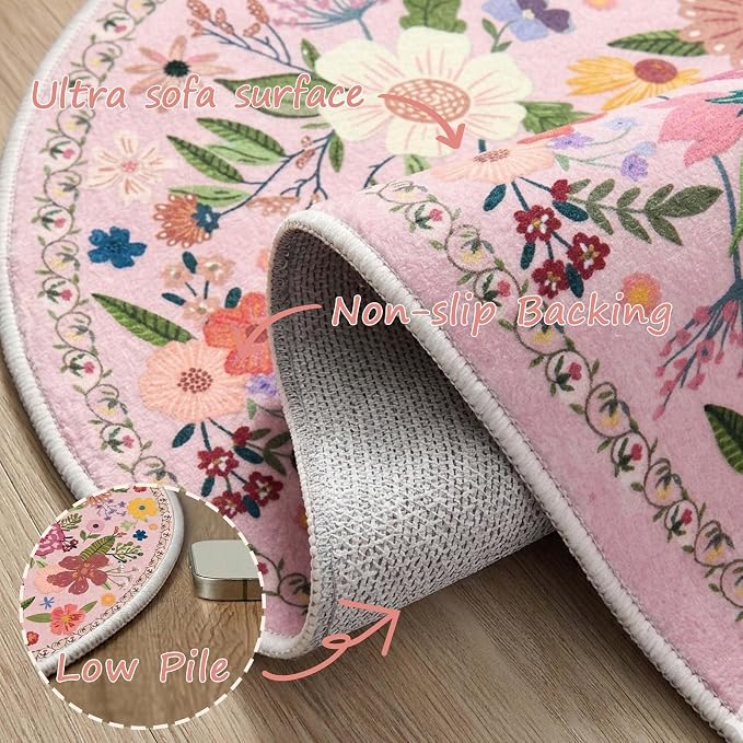 Latte&Fog 4ft Pink Round Area Rug for Girl Bedroom Washable Cute Circle Rug | Non Slip Low Pile Soft Floral Small Carpet for Kids Playroom Nursery Classroom Dorm Decor Dining Kitchen Farmhouse Office