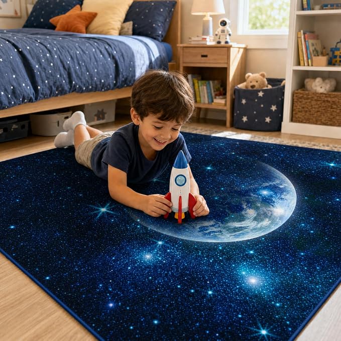 9CH Galaxy Rug for Kids Bedroom, Dark Blue Space Rug with Starry Sky Design, Soft Washable Celestial Moon Carpet for Boys Girls Playroom Living Room 5' X 7'