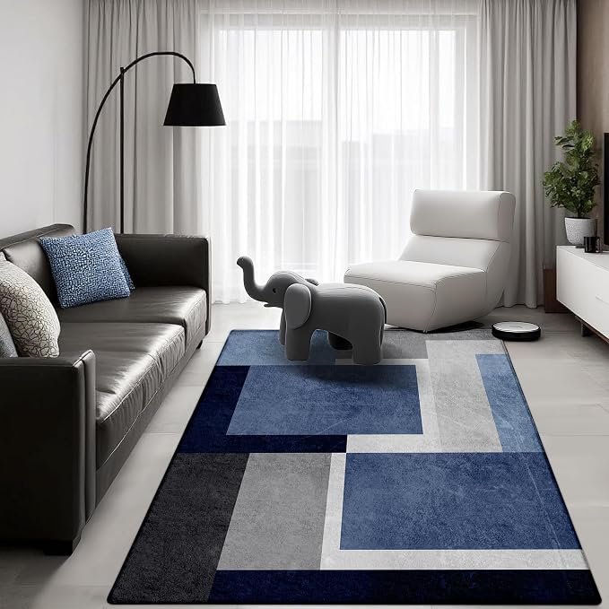 Washable Low-Profile Geometric Area Rug, 0.2 inch Thin Abstract Rug Design for Living Room & Bedroom Decor, 3x5 ft Blue Grey Modern Non-Slip Floor Rug