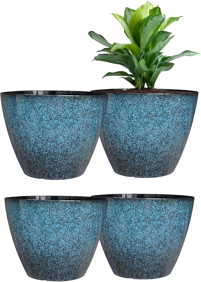Vanslogreen 8 inch Plant Pots, Pack of 4 Plastic Planter for Indoor Outdoor Plant with Drainage Holes and Saucers, Flower Pots for Garden Home Decor (Blue, 4pcs)