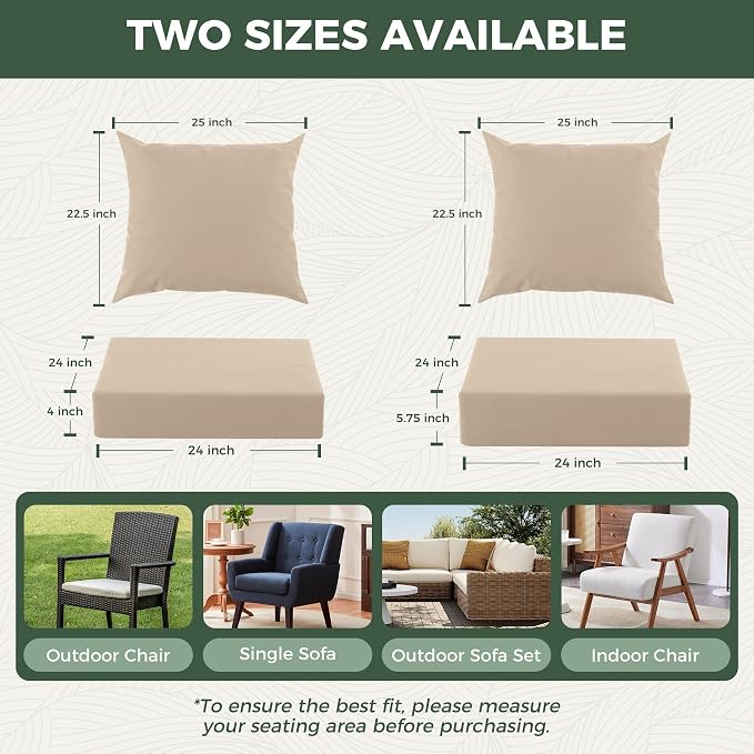 Outdoor Cushions for Patio Furniture, Outdoor Seat Cushion Set 24 x 24 x 4 Inch, Waterproof & Fade Resistant Outdoor Chair Cushions, Deep Seat Patio Cushion with Removable Cover, Beige