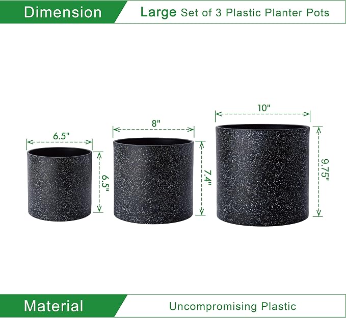 D'vine Dev 6.5 Inch 8 Inch 10 Inch, Set of 3 Plastic Planter Pots for Plants with Drainage Hole and Seamless Saucers, Speckled Black Color, Large, 74-V-F-4