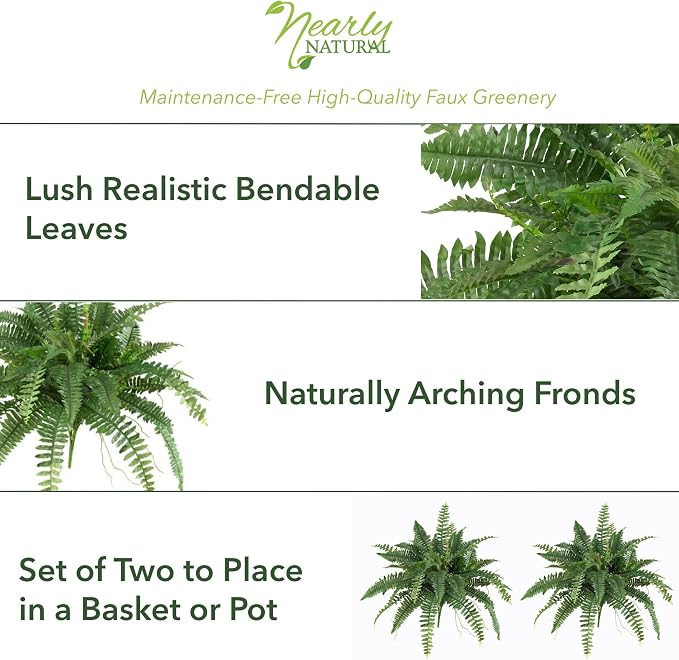 Nearly Natural 40in Boston Fern Artificial Plant, Large Hanging Fake Plant with 56 Long Realistic Fronds, Maintenance-Free Faux Fern for Office and Home Décor (Set of 2)