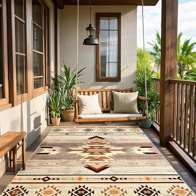 BENRON Western Area Rugs for Living Room Bedroom 4x6, Washable, Warm Beige | Non Slip Southwest aztec Rustic Rugs for Dining Table Kitchen Home Decor