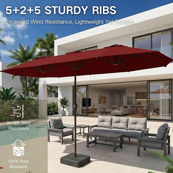 Kingdura 15ft Large Patio Umbrella with Base Included, Double-Sided Rectangle Outdoor Table Umbrella with 12 Reinforced Ribs, Crank Lift for Market Pool Deck Backyard, Dark red