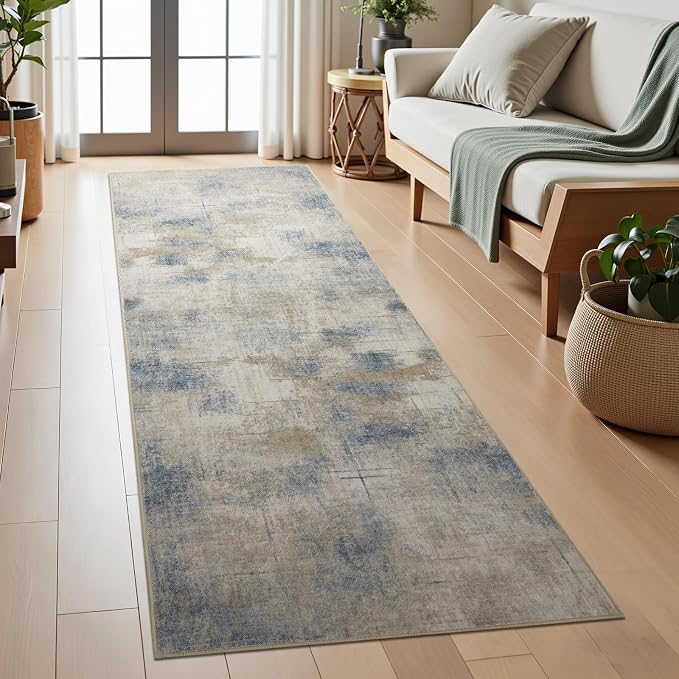 Joydeco 2x6 Runner Rug Modern Abstract Machine Washable Rug – Low Pile Faux Wool with Non-Slip Backing, Neutral Print Stain Resistant Carpet Runner for Hallway, Kitchen, Entryway, Laundry and Bedroom