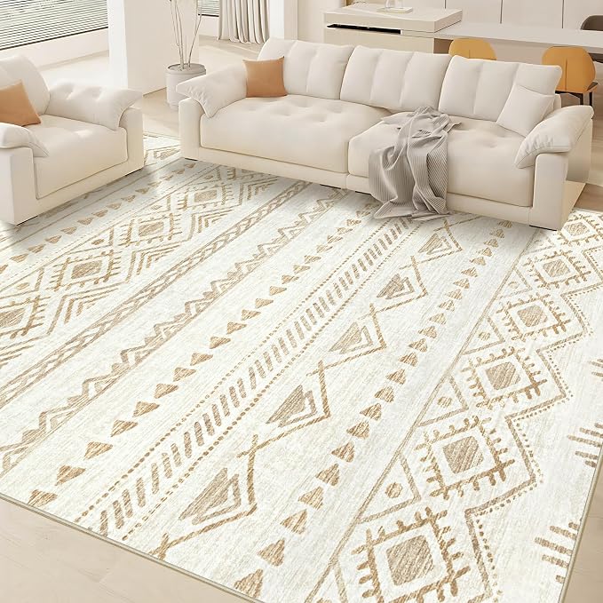 Area Rug for Living Room 9x12: Large Washable Boho Moroccan Rugs Geometric Neutral Rug, Non-Slip Foldable Morden Farmhouse Indoor Floor Carpet for Bedroom Dining Room Home(Beige Brown,9'x12')