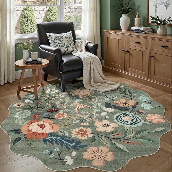 DCX Vintage Floral Washable Area Rug 6x6, Non Slip Low Pile Rug, Sage Green | Rugs for bedroom, living room, dining room, office, soft, kid & pet friendly, sain resistant indoor carpet, home decor