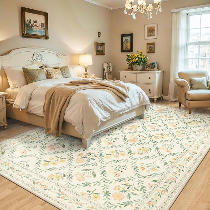 PLHXFR Area Rug Living Room: 5x7 Floral Washable Boho Carpet Beige Multi | For Bedroom Dining Room Farmhouse Nursery Hallway,Vintage Floral,Machine washable,Non Slip,Stain Resistant,Large Indoor