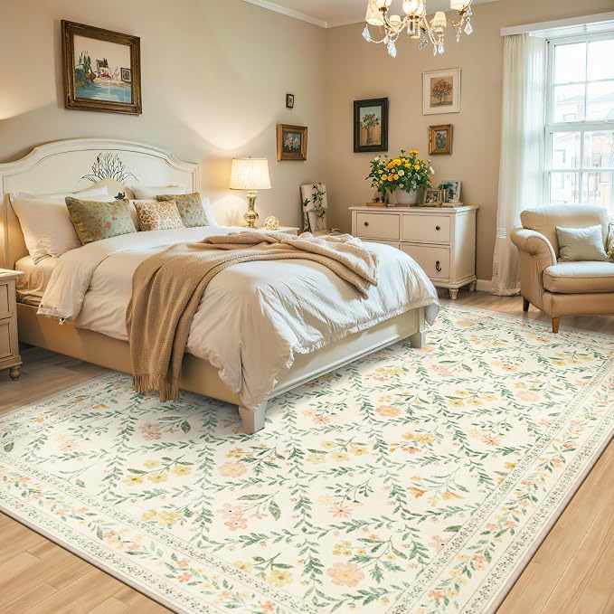 PLHXFR Area Rug 9x12 Living Room: Floral Washable Boho Carpet Beige Multi | For Bedroom Dining Room Farmhouse Nursery Hallway,Vintage Floral,Machine washable,Non Slip,Stain Resistant,Large Indoor