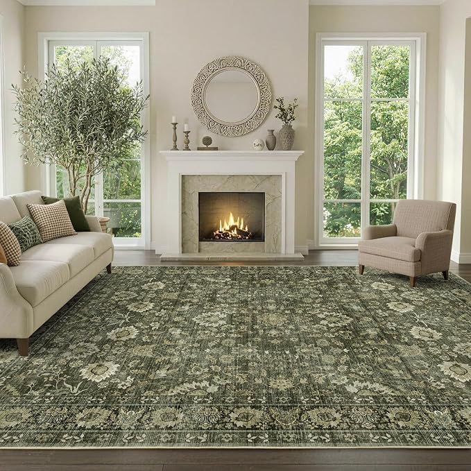 8x10 Ft Large Area Rugs for Living Room, Soft Non-Slip Machine Washable Rug, Vintage Stain Resistant Carpets for Bedroom Nursery Dining Room Home Decor (Green)