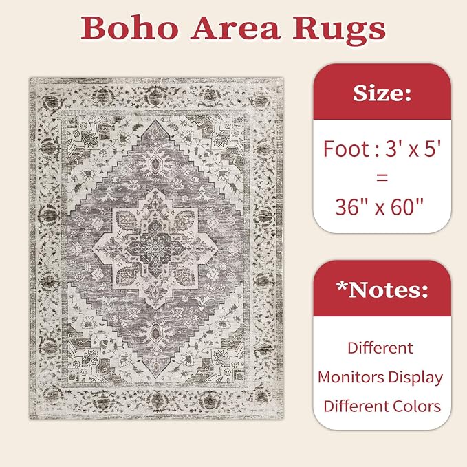 SERISSA 3x5 Washable Non Slip Boho Area Rug for Bedroom，Earth Tone | Ultra Soft Vintage Oriental Carpet Low-Pile Distressed Tribal Throw Rug Carpet for Living Room Nursery Kitchen Dorm Decor