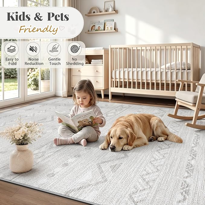 Zomfy 9x12 Area Rug Washable Rugs for Living Room(Grey, 9'x12') | Geometric Boho Modern Rugs Large Non Slip Soft Carpet Low Pile No Shedding Print Rug for Bedroom Dining Room Home Office