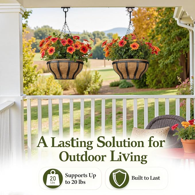 VOXOR Metal Hanging Baskets for Plants, Heavy Duty Wrought Iron Hanging Baskets with Coco Liner & Reinforced Chain, Ideal for Garden, Patio & Porch Decoration (3 Pack, 12 Inch)