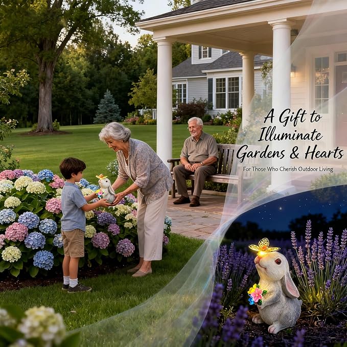 Bunny Garden Decor Solar Light Figurine, Rabbit with Butterfly Sculpture, Outdoor Waterproof Resin for Patio Porch Backyard, Mother's Day Easter Spring Gift for Mom/Grandma, Housewarming New Home Gift