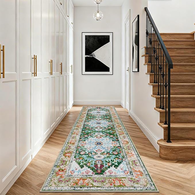 U'Artlines 3'x10' Boho Hallway Runner Rug Non Slip Washable Runners,Green | Vintage Farmhouse Kitchen Rug Accent Area Carpet for Entryway Laundry and Living Room