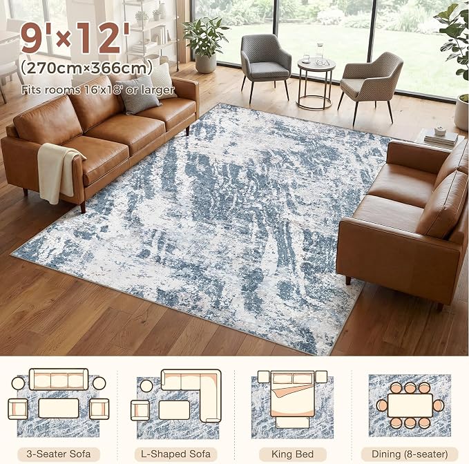 DMOYEST 9x12 Area Rug for Living Room Washable Abstract Indoor Carpet | Neutral Modern Low Pile Rugs Kid & Pet Friendly Large Soft Thin Carpet for Bedroom Dining Room and Office - Blue Light